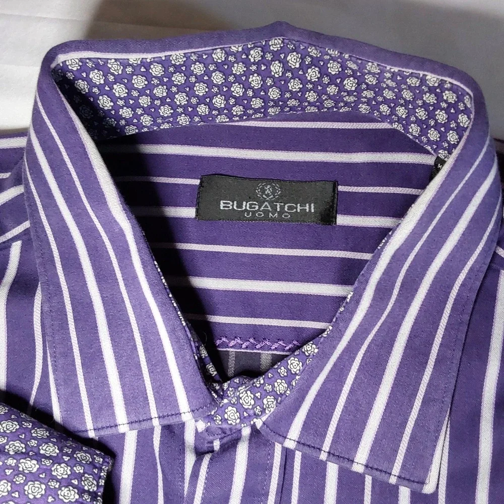 Bugatchi Uomo Mens XL Dress Shirt Classic Fit Flip Cuff Purple Stripe Button‎ Up